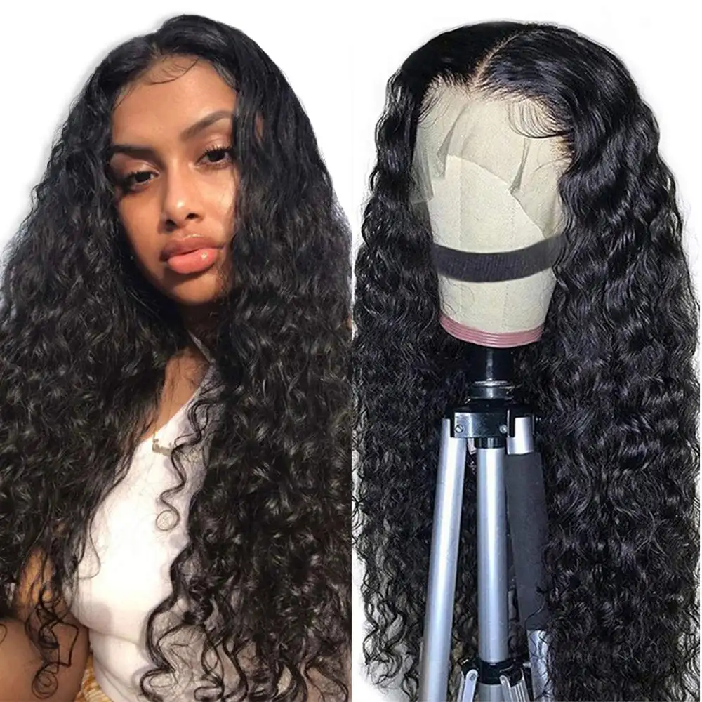 Perruque avec dentelle frontale, vente en gros, cheveux indiens vierges, naturels, Deep Wave, 13*4