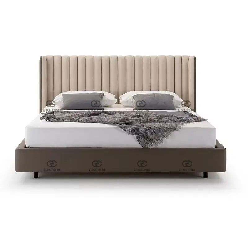 Cabecero de cama tapizado de terciopelo, mueble moderno de tamaño Queen, minimalista, a rayas verticales