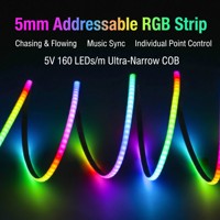 Bande lumineuse LED COB WS2812B super étroite 5 mm 5 V, 160 LED, adressables individuellement, RGB, effet eau courante, IP20 / Wi-Fi