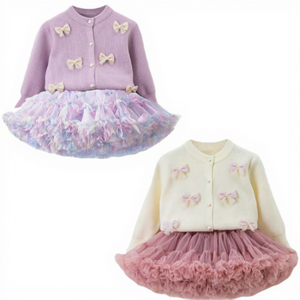 Set 2 Pezzi per <span class=keywords><strong>Bambina</strong></span> Primavera Autunno con Cardigan a Maglia con Fiocco in Stile Dolce e Gonna Tutù Soffice in Tulle - Product Image 1