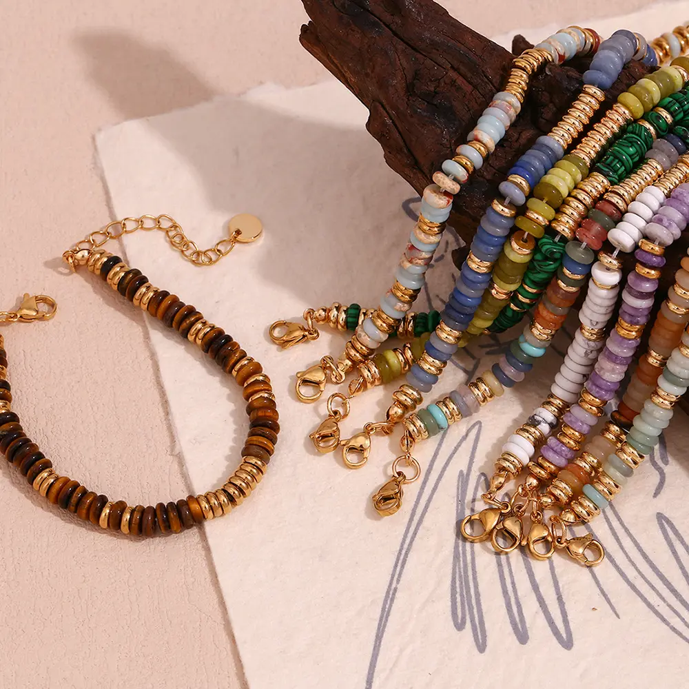 Bracelet de perles de pierre naturelle en forme de roue vintage avec bracelet de perles d'espacement en acier inoxydable 18 carats pour cadeau de mère de petite amie