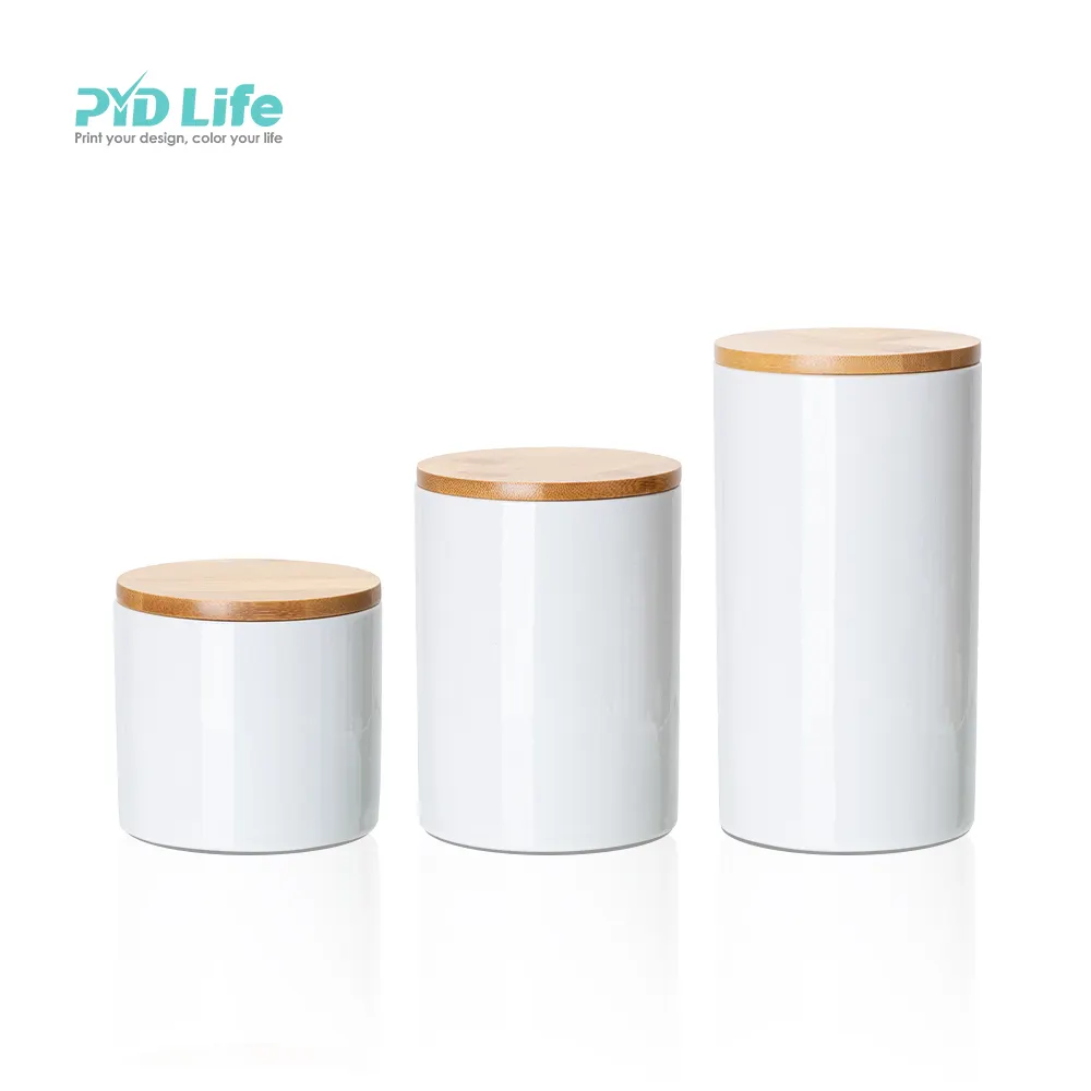 PYD Life 2023 nuovo personalizzato 16oz 25oz 30oz sublimazione vuoto cucina cibo barattoli di stoccaggio in ceramica Set con coperchio in legno di bambù