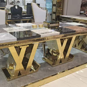 Ensemble Repas de Luxe 8 Places, <span class=keywords><strong>Table</strong></span> à Manger et Chaises avec Plateau en Marbre, Mobilier de Maison en Acier Inoxydable pour Salle à Manger et <span class=keywords><strong>Cuisine</strong></span> - Product Image 3