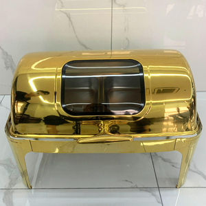 <span class=keywords><strong>Plat</strong></span> à chafing de luxe décoratif et élégant, grande capacité 9,0 L, forme rectangulaire, avec couvercle roulant, couleur argent et or - Product Image 5