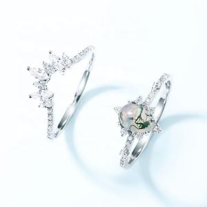 R013537天然苔藓玛瑙戒指套装925纯银绿叶苔藓玛瑙订婚戒指女性结婚承诺戒指 - Product Image 5