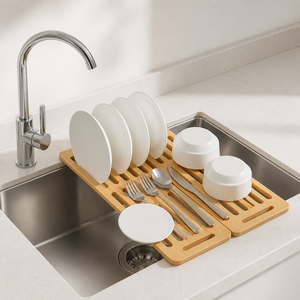 Égouttoir à vaisselle pliable en <span class=keywords><strong>bambou</strong></span> naturel pour comptoir de cuisine, organisateur gain de place - Product Image 2