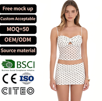 Ensemble deux pièces blanc à pois pour femme, haut bustier à bretelles spaghetti et découpes, mini-jupe, tenue de club Y2K pour l'été