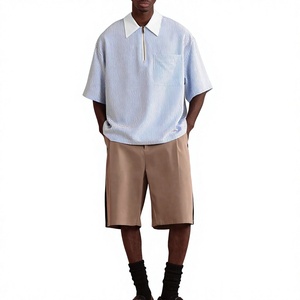 Polo de manga corta a rayas azules de primera calidad para hombre, con cuello de media cremallera y bolsillo, estilo casual, de algodón, para uso diario. - Product Image 5