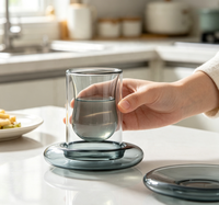 Ensemble tasse et soucoupe assortis en verre borosilicate double couche gris fumé, design classique, 110 ml, écologique, pour café/thé