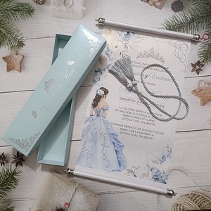 Invitación de 15 Años con Temática de <span class=keywords><strong>Cenicienta</strong></span> en Azul Claro, con Caja de Recuerdo, Borla Plateada y Tarjetas de Invitación de Boda - Product Image 4