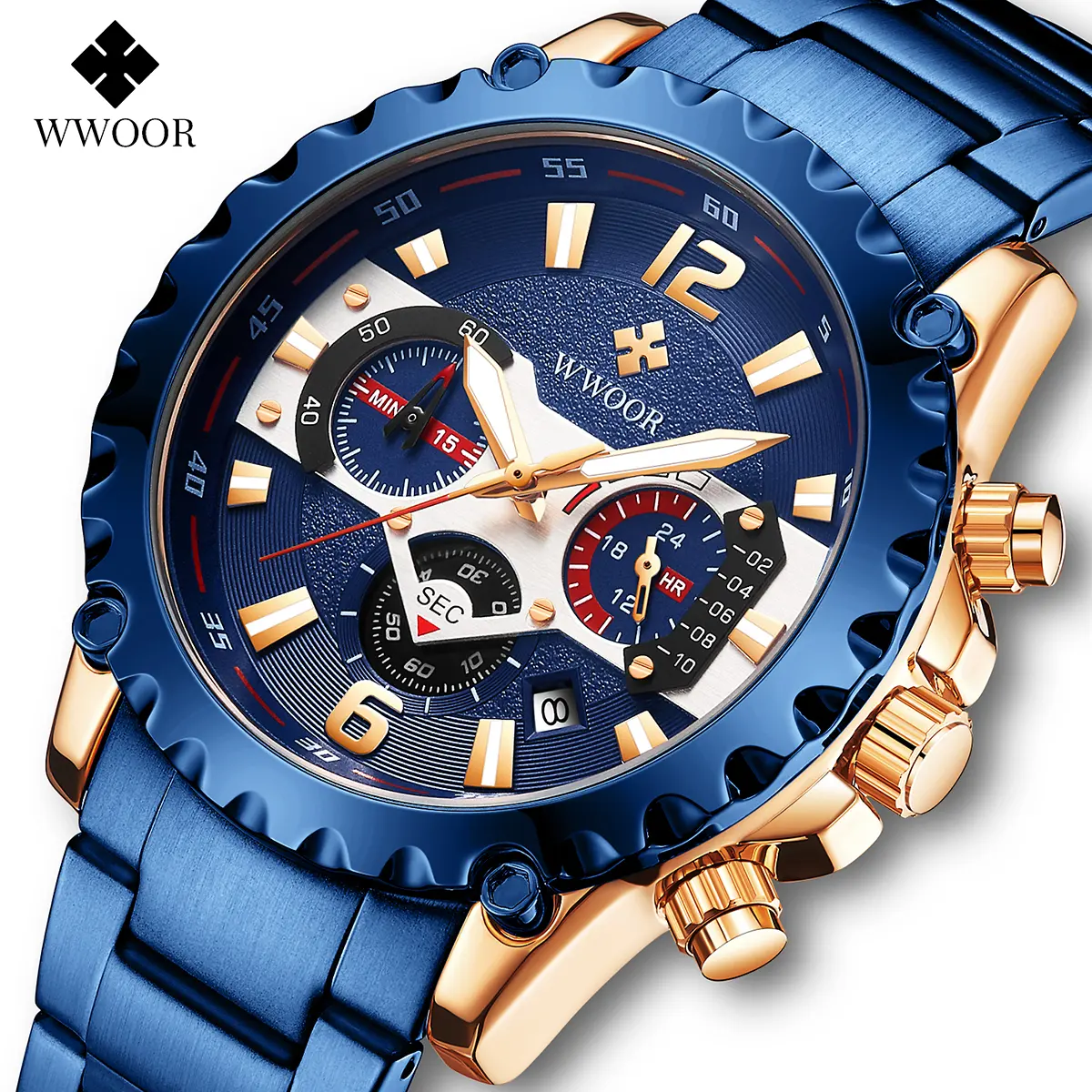 Nuovo orologio WWOOR 8880 blu sport orologio cronografo da uomo in acciaio inossidabile orologio da polso impermeabile al quarzo Relogio Masculino