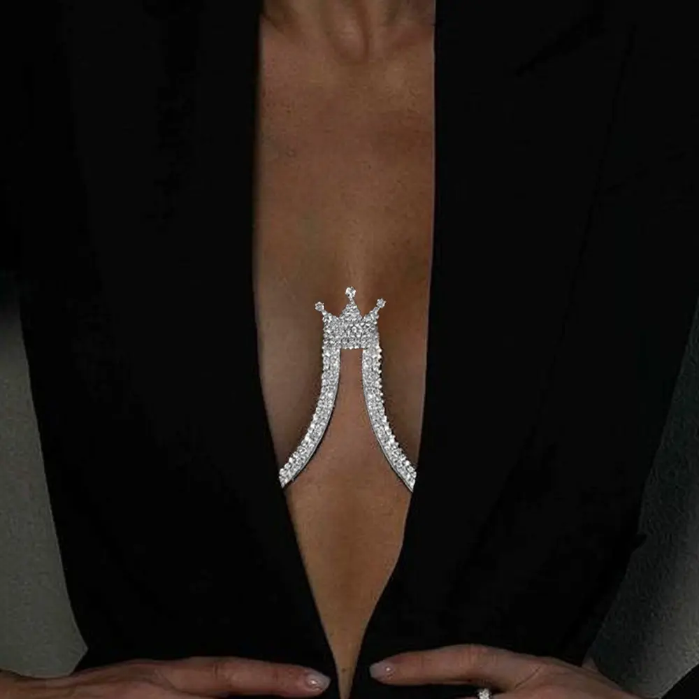 2022 Fashion Beach Body Chain Jewelry 18K Gold Plated Crystal CZ Tennis Chain Crown Breast Chains Sexy Body Jewellery Women