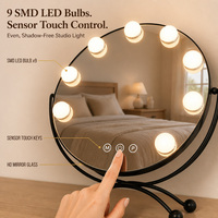 Miroir cosmétique noir 30 cm avec 9 ampoules LED, gradation progressive 3 tons, commande tactile, support éclairé en alliage de zinc pour coiffeuse