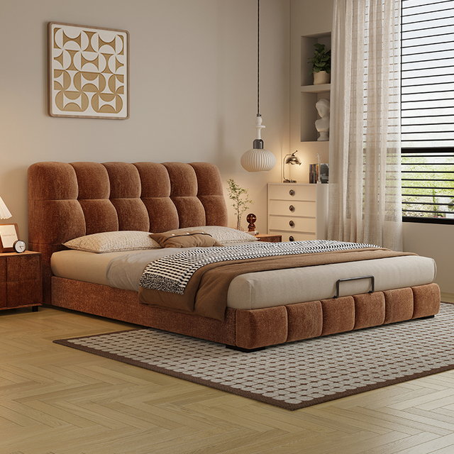High-End Modern Breathable Chenille Velvet Fabric Bed Multi-Storage Drawers Gas Lift Mechanism-Pine Wood Frame Professional OEM