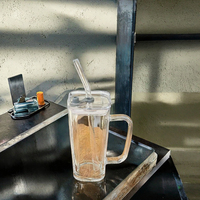 Verre à eau en verre avec poignée, aspect haut de gamme, pour femme, boisson estivale, jus, mug à lait portable avec couvercle et paille