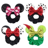 Serre-tête élastique en velours pour femmes avec oreilles de souris à sequins de 2,3'' et nœud à pois, attache-queue de cheval pour filles