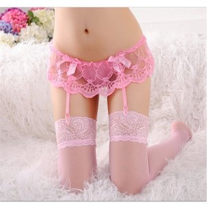 Conjunto de liguero <span class=keywords><strong>y</strong></span> tanga de encaje floral transparente de poliéster para mujer, ultrafino, negro - Product Image 6