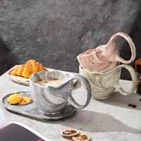 Tasse à eau haut de gamme avec grande poignée, motif marbré, comprenant une assiette à dessert, tasse à petit-déjeuner pour flocons d'avoine, ensemble tasse à café en céramique et soucoupe