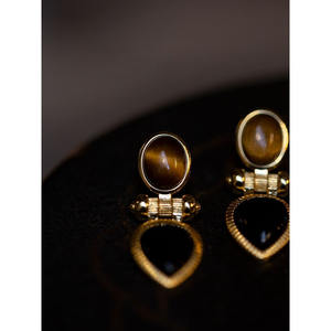 Pendientes Geométricos de Piedra Natural Hechos a Mano de Lujo Vintage <span class=keywords><strong>Hera</strong></span>, con Piedra Ojo de Gato y Ágata Negra, para Mujer - Product Image 5