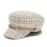 Gorro de Mujer para Otoño e Invierno, Cálido, Plano, con Cadena, Diseño a Cuadros, Estilo Japonés y Coreano, Moderno, Versátil y Transpirable