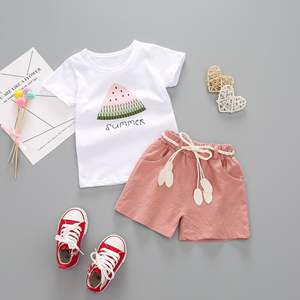 Ensemble deux pièces d'été décontracté en coton imprimé pour filles, t-shirt à manches courtes et short, taille 2T pour enfants - Product Image 2