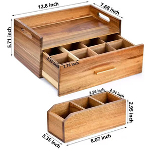 Boîte de rangement en bois avec tiroir pour dosettes de thé et de café, capacité 12L, couleur marron, organiseur de bureau avec poignées - Product Image 4