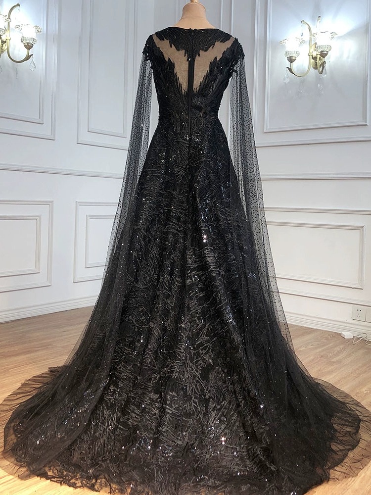 evening gown black beaded with cape sleeves