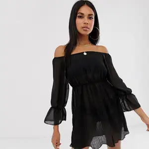 Dames Casual Club Dress Stijl Off Shoulder Bisschop Kant Ruche Transparante Sexy Jurken