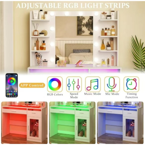 Tocador de Madera Contemporáneo <span class=keywords><strong>Blanco</strong></span> para Dormitorio con Luces RGB, Gran Gabinete de Vidrio Templado, Tapa Transparente de 3 Colores, 6 Estantes y <span class=keywords><strong>2</strong></span> <span class=keywords><strong>Cajones</strong></span> - Product Image 6