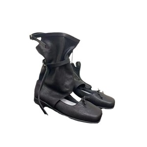 Black Genuine Leather Square Toe Ballet Flats <b>With</b> Adjustable Strap And <b>Bow</b> Decoration Slip-On Flat <b>Shoes</b> For Women - Product Image 5