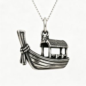 Pendentif bateau plaqué argent avec motif maison, forme irrégulière, figurine souvenir, artisanat en métal moulé - Product Image 1