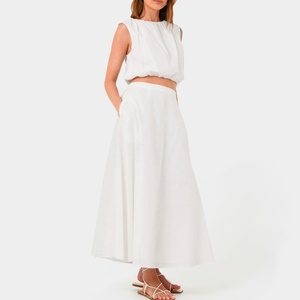 Ensemble deux pièces pour femme : haut court sans manches à col rond taille haute et jupe longue en mélange de lin - Product Image 2