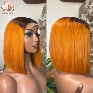 Ombre 4 #   Perruques Courtes <span class=keywords><strong>Bob</strong></span> en Cheveux Humains Vierges Remy Vietnamiens Marron avec <span class=keywords><strong>Jaune</strong></span> Orange, Sans Colle, avec Fermeture en Dentelle Frontale – Vente en Gros - Product Image 2