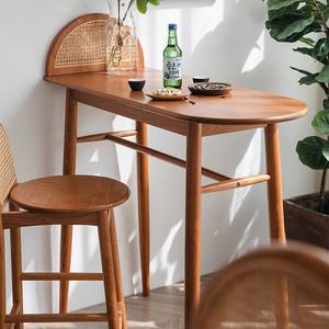 Juego de Mesa y Sillas de Bar de Madera Maciza Nórdica, Mesa Alta Ovalada de Madera de Cerezo, Mini Barra de Estilo Japonés para Comedor - Product Image 1