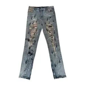 Hole Graffiti Ripped Distressed Fabric Button Flared Pantalon Custom Boys Denim Stack Baggy Men's Jeans