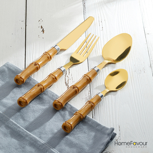Wholesale Cutlery Set Plastic Handle Imitation Wood 4/16/18 Pieces Gold Stainless Steel Fork Spoon And Knife Set