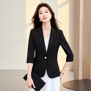 Women's Black Blazer Solid Color 3/4 Sleeve Professional Office Wear - Product Image 1