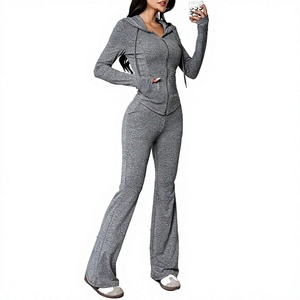 Women's Gray 2 Piece <b>Yoga</b> Set Full Length Leg Zipper Hoodie <b>Sweatshirt</b> Pants Solid Color Breathable Spandex Cotton - Product Image 1