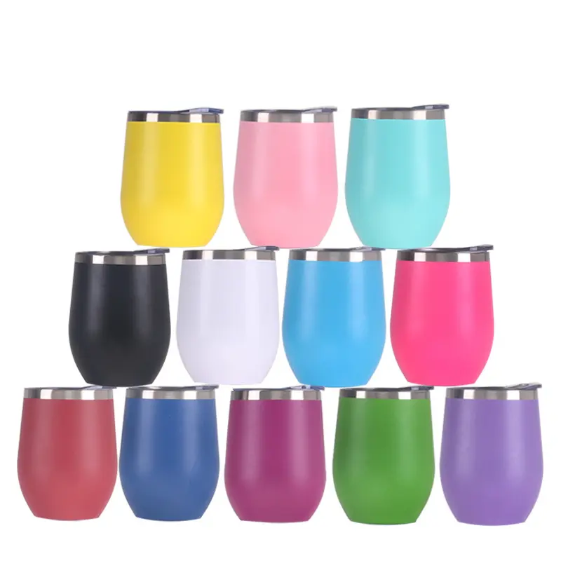 Powder coated color double wall stainless steel egg shape wine tumblers 12oz Unbrakable Stemless Wine Glass