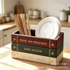 Wooden Book Shaped Storage <b>Box</b> Rectangle Desktop Organizer For Tableware And <b>Makeup</b> Brushes No Lid Standing Type - Product Image 1