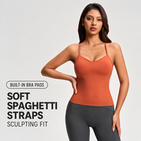 Débardeur de yoga pour femme avec soutien-gorge intégré, col en V, bretelles spaghetti, effet ventre plat, respirant, en nylon et élasthanne brossés double face, pour la gym