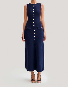 精品性感修身长款针织连衣裙夏季服装女式紧身休闲优雅无袖纽扣针织长裙 - Product Image 3