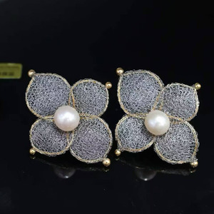 Original Design 14K Gold Filled Flower Pearl Earrings, Italian Metal Lace Craft 10-11mm High Luster Freshwater Pearl <b>Studs</b> - Product Image 3