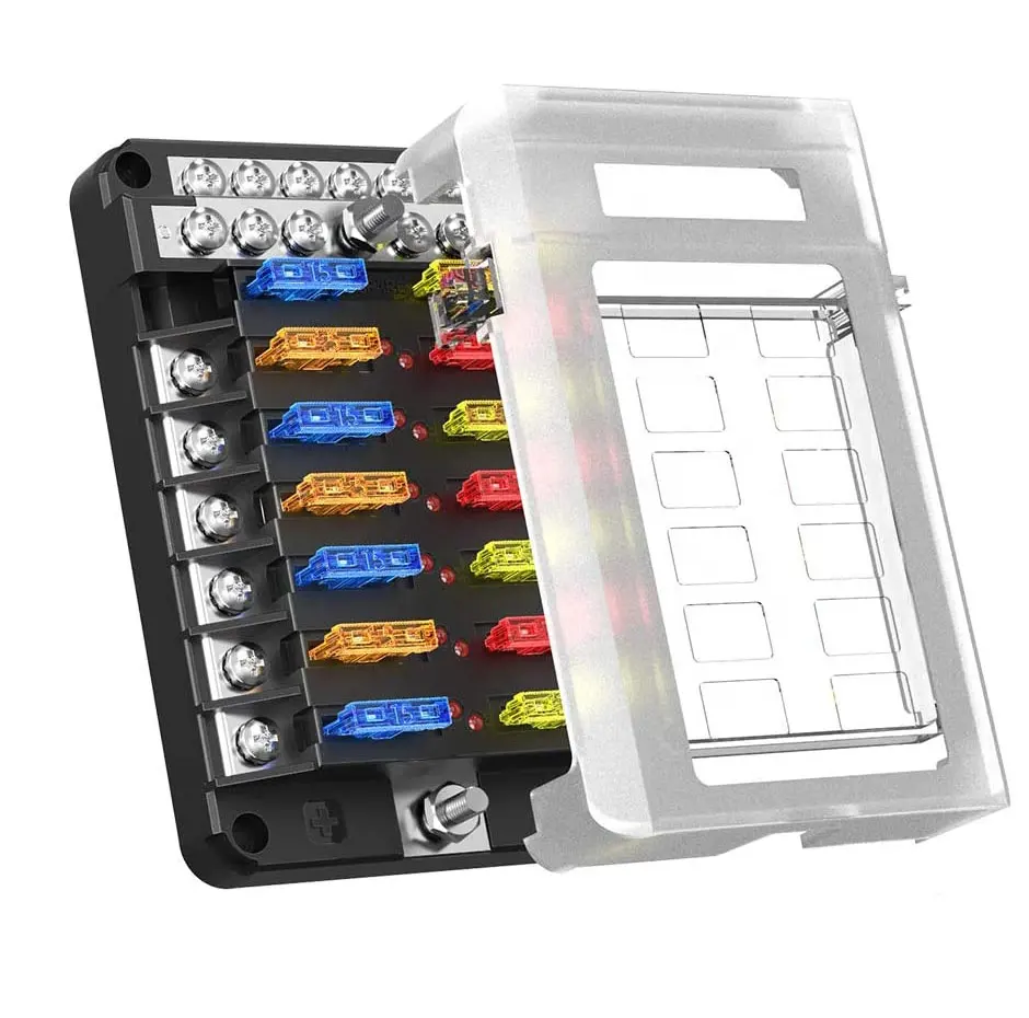 Amomd 12 vías DC 32V bloque de fusibles Mega caja de terminales portafusibles de plástico con barra de bus negativa para corriente de 24V 20A