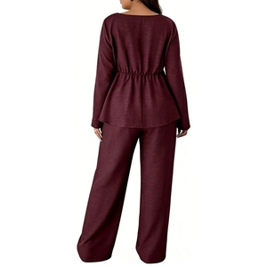 Women's Plus Size Peplum Top & Wide Leg Pants <b>Set</b> <b>Square</b> Neck Long Sleeve 2 Piece Loungewear Fashion - Product Image 4