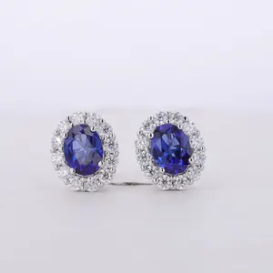 2023 Fashion Oval Cut Royal Blue Sapphire Moissanite 14K White Gold Luxury Stud Earrings