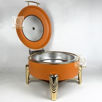 Plat à chafing rond en acier inoxydable de 6 L, finition peinture orange et pieds plaqués or, chauffe-plats de buffet avec couvercle en verre visible pour banquets d'hôtel