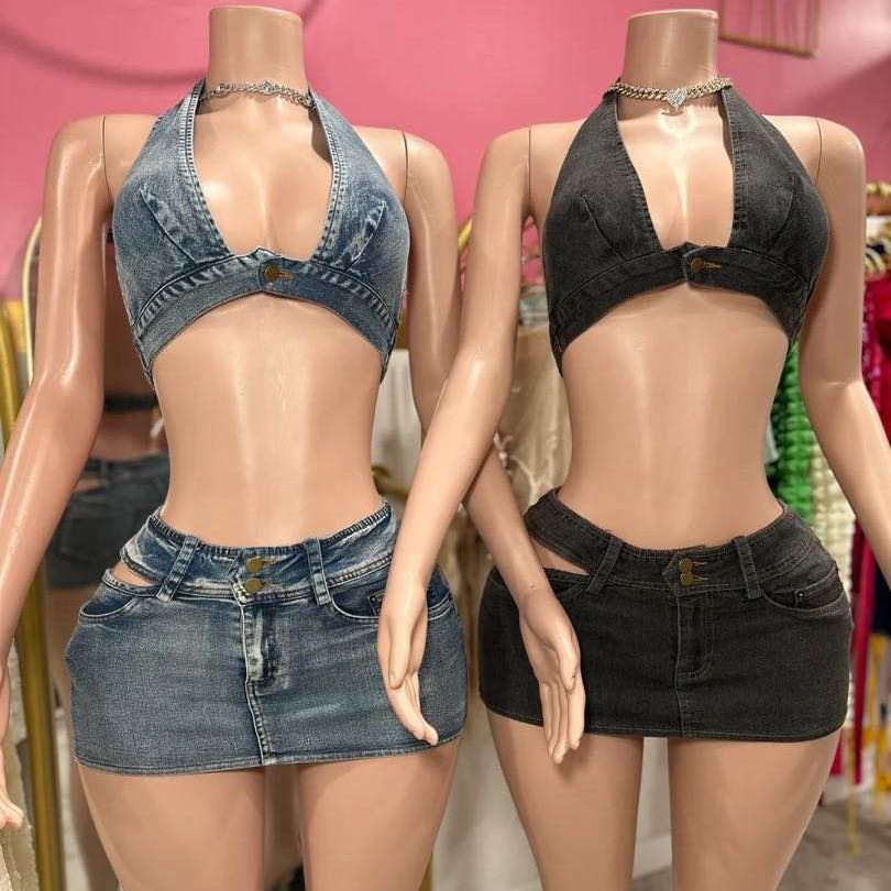 Sexy Denim 2 Mảnh Bộ Phụ Nữ Trang Phục Halter V Cổ Backless Crop Top Và Mini Váy Bên Câu Lạc Bộ Phù Hợp Với Bộ