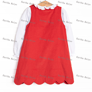 Monogram Baby Girls Christmas Corduroy <strong>Dress</strong> Set Custom Kids Red Green Ruffle Collar Shirt and Scalloped Pinafore <strong>Dress</strong> - Product Image 3