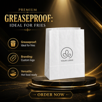 Sac en papier kraft blanc résistant à la graisse, personnalisable avec logo, pour emballage alimentaire à emporter, avec soufflet latéral à découpe dentelée, sac en papier vertical